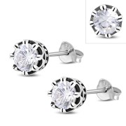 Vintage Royal Crown Celtic Clear CZ Sterling Silver Stud Earrings - e455